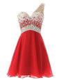 Admirable Red One Shoulder Criss Cross Beading Evening Dress Sleeveless