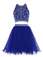 Popular Empire Evening Dress Royal Blue Scoop Chiffon Sleeveless Mini Length Criss Cross