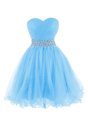 Baby Blue Organza Lace Up Prom Evening Gown Sleeveless Mini Length Belt