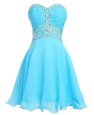 Attractive Aqua Blue Organza Lace Up Evening Dress Sleeveless Mini Length Beading and Belt