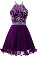 Ideal Halter Top Mini Length Purple Prom Dress Organza Sleeveless Beading
