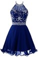 Halter Top Royal Blue Sleeveless Organza Zipper Prom Dresses for Prom and Party