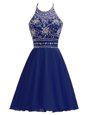 Designer Halter Top Sleeveless Zipper Knee Length Beading Prom Dress