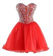 Beautiful Mini Length Coral Red Club Wear Organza Sleeveless Beading