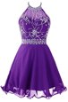 Modern Halter Top Sleeveless Organza Mini Length Zipper Dress for Prom in Purple for with Beading