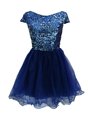 Luxury Navy Blue Zipper Bateau Sequins Dress for Prom Chiffon Cap Sleeves