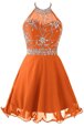 Halter Top Sleeveless Mini Length Beading Orange Organza