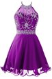 Purple A-line Halter Top Sleeveless Organza Mini Length Zipper Beading Dress for Prom
