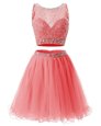 Most Popular Beading and Belt Cocktail Dresses Watermelon Red Side Zipper Sleeveless Mini Length