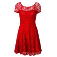 Red Organza Side Zipper Scoop Short Sleeves Tea Length Prom Dresses Lace