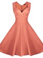Peach Satin Zipper Prom Dress Sleeveless Knee Length Ruching