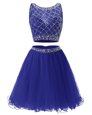 Most Popular Scoop Royal Blue Side Zipper Prom Evening Gown Beading and Belt Sleeveless Mini Length