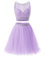 Lavender Sleeveless Mini Length Beading and Belt Side Zipper Evening Dress