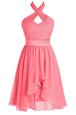 Halter Top Tea Length Backless Homecoming Dresses Watermelon Red and In for Prom and Party with Ruching and Belt