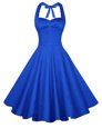 Blue A-line Sweetheart Sleeveless Satin Knee Length Backless Ruching Prom Evening Gown