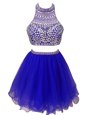 Beautiful High-neck Sleeveless Zipper Prom Party Dress Royal Blue Chiffon