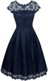 Artistic Scalloped Lace Prom Dresses Navy Blue Zipper Short Sleeves Tea Length