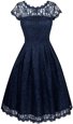 Artistic Scalloped Lace Prom Dresses Navy Blue Zipper Short Sleeves Tea Length