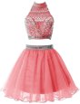 Elegant Watermelon Red A-line Beading Dress for Prom Zipper Chiffon Sleeveless Mini Length
