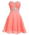 Watermelon Red Empire Sweetheart Sleeveless Organza Mini Length Lace Up Beading and Belt Cocktail Dresses