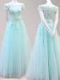 New Style Light Blue Homecoming Gowns Prom and For with Beading and Appliques Off The Shoulder Cap Sleeves Zipper