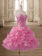 Pink Sleeveless Mini Length Beading and Ruffles Lace Up Prom Dress