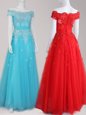 Off the Shoulder Cap Sleeves Floor Length Beading and Appliques Zipper Prom Evening Gown with Aqua Blue