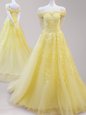 Yellow A-line Off The Shoulder Cap Sleeves Tulle Lace Up Beading and Appliques Oscars Dresses