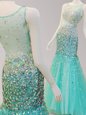 Elegant Mermaid Scoop Sleeveless Evening Dresses Brush Train Beading Turquoise Tulle