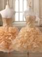 Beautiful Beading and Ruffles Prom Evening Gown Gold Lace Up Sleeveless Tea Length
