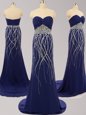 Amazing Sleeveless Beading Zipper Dress for Prom with Navy Blue Brush Train
