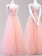 Super Sleeveless Tulle Floor Length Lace Up Dress for Prom in Baby Pink for with Appliques and Bowknot