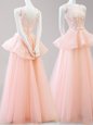High End Scoop Floor Length Backless Peach and In for Prom with Appliques and Belt