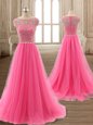 Dazzling Scoop Tulle Cap Sleeves Evening Dress Brush Train and Beading