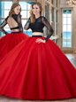 Scoop Red Tulle Backless Sweet 16 Dresses Long Sleeves Floor Length Appliques