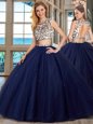 Scoop Navy Blue Tulle Backless Sweet 16 Dresses Cap Sleeves With Brush Train Beading