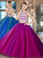 Best Fuchsia Tulle Backless Scoop Sleeveless Floor Length Quinceanera Gown Beading