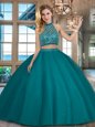 Suitable Halter Top Teal Backless Ball Gown Prom Dress Beading Sleeveless Floor Length