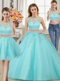 Three Piece Aqua Blue Ball Gowns Tulle Scoop Sleeveless Beading and Appliques Floor Length Zipper Quinceanera Dresses