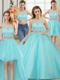 Four Piece Scoop Floor Length Ball Gowns Sleeveless Aqua Blue Quinceanera Gown Zipper