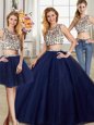 Trendy Three Piece Scoop Navy Blue Tulle Backless Quinceanera Dresses Cap Sleeves With Brush Train Beading