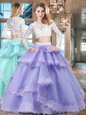 Ruffled Scoop Long Sleeves Zipper Quince Ball Gowns Lavender Tulle and Lace