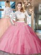 Rose Pink Scoop Neckline Beading and Lace and Ruffles Sweet 16 Quinceanera Dress Long Sleeves Zipper