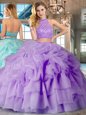 Delicate Lavender Two Pieces Halter Top Sleeveless Organza Brush Train Backless Beading and Ruffled Layers and Pick Ups Quinceanera Gown