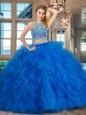 Custom Designed Scoop Backless Floor Length Blue 15th Birthday Dress Tulle Sleeveless Beading and Ruffles
