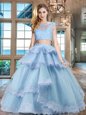 Light Blue Two Pieces Tulle Scoop Cap Sleeves Beading and Lace and Appliques and Ruffled Layers Floor Length Zipper Quinceanera Dress