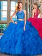 Great Scoop Sleeveless Tulle Floor Length Zipper Quinceanera Gowns in Blue for with Beading and Ruffles
