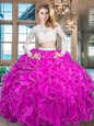 Fuchsia Scoop Neckline Beading and Lace and Ruffles Quinceanera Dress Long Sleeves Zipper