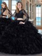 Clearance Black Two Pieces Scoop Long Sleeves Organza Floor Length Backless Ruffles 15th Birthday Dress