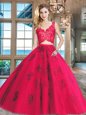 Red Tulle Zipper V-neck Sleeveless Floor Length 15th Birthday Dress Lace and Appliques